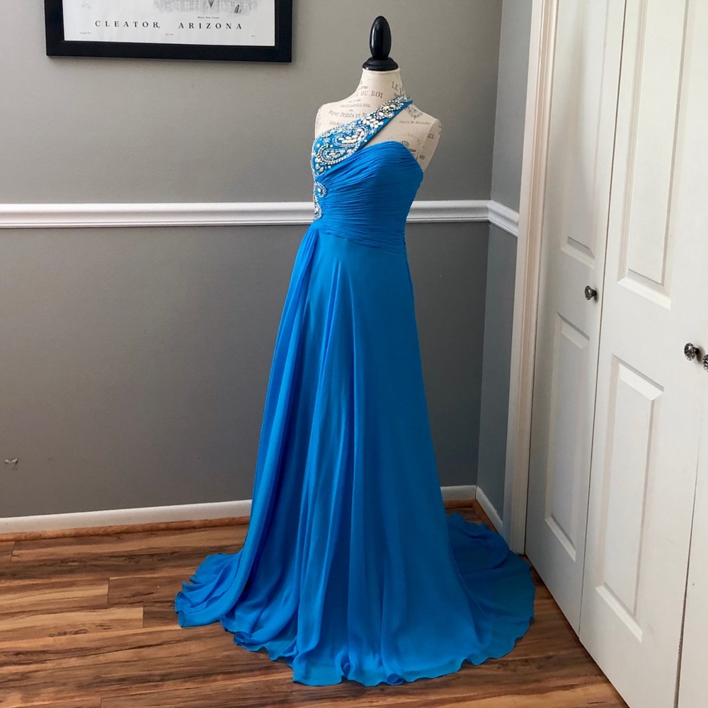NEW PANOPLY SZ 8 TURQUOISE ONE SHOULDER JEWELED DRAPE FORMAL GOWN - Picture 2 of 9